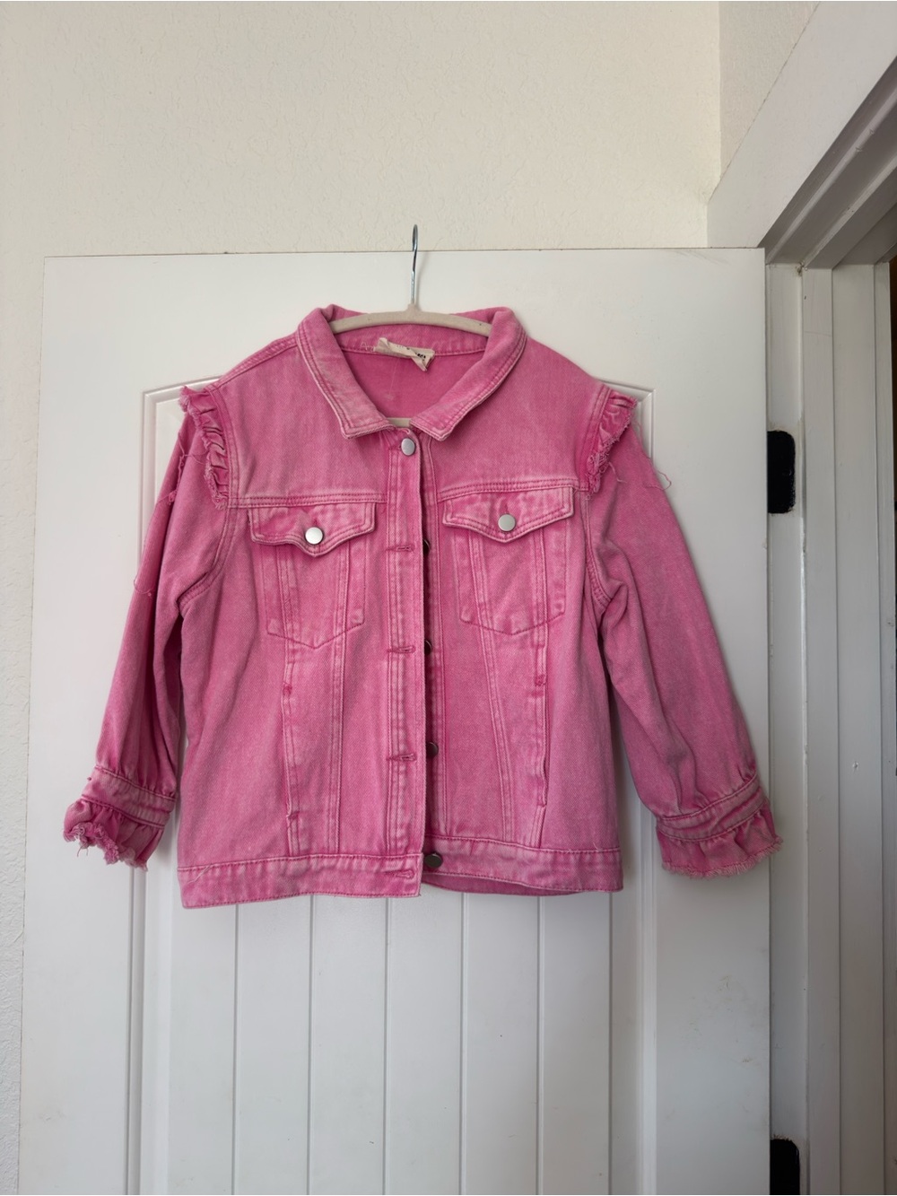 Savanna Jane Pink Denim Jacket with Ruffle Accents